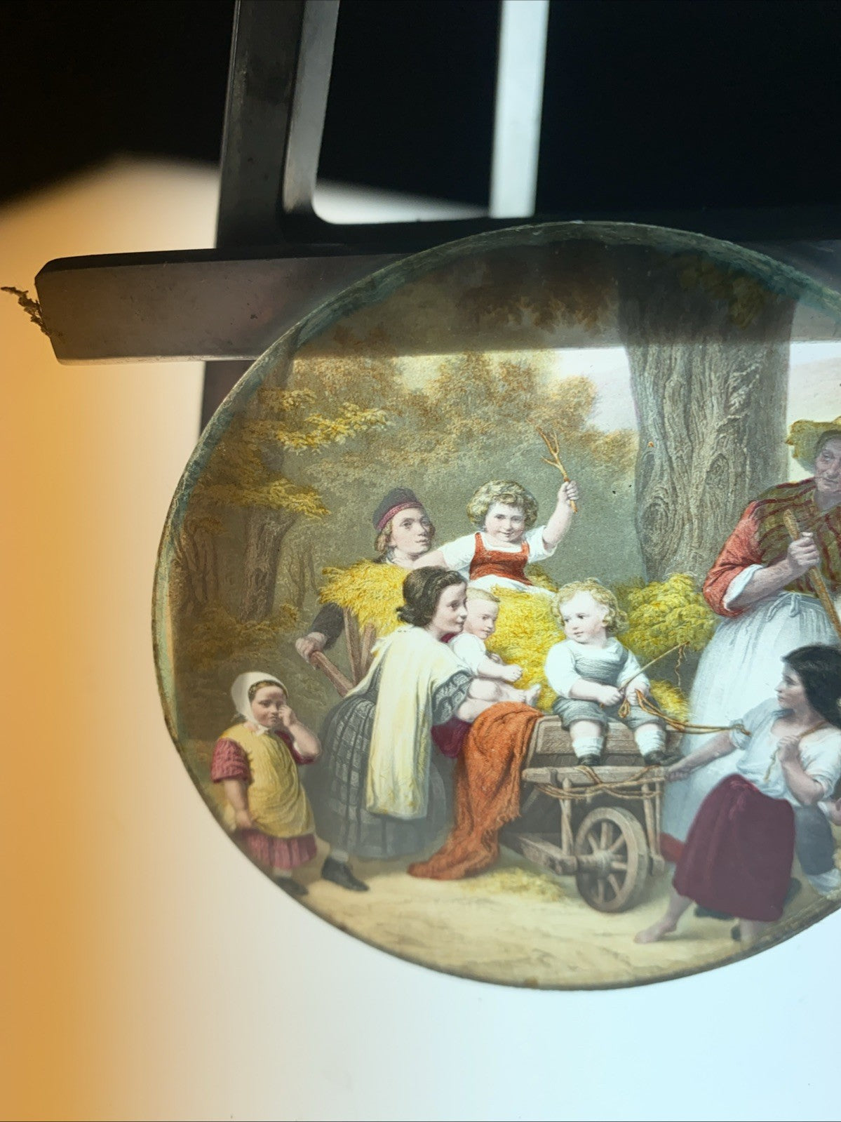 Magic Lantern Victorian Glass Round Handpainted Slide Children & Hay Cart (1166)