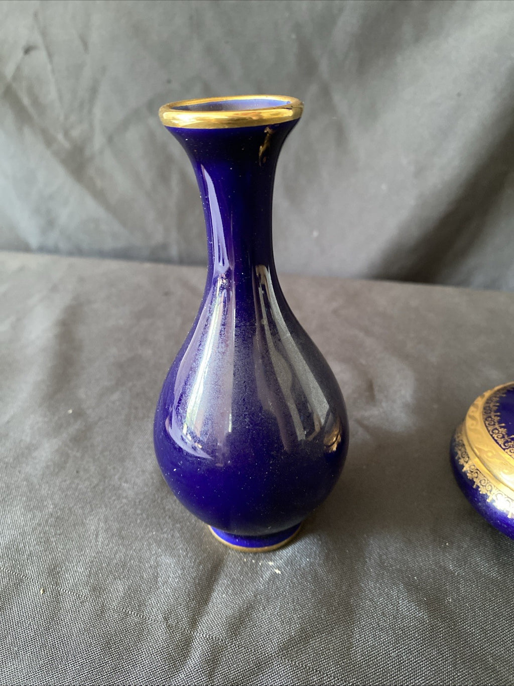 Limoges Castel France 22k Gold Bud Vase & Trinket pot cobalt blue gold (5455)