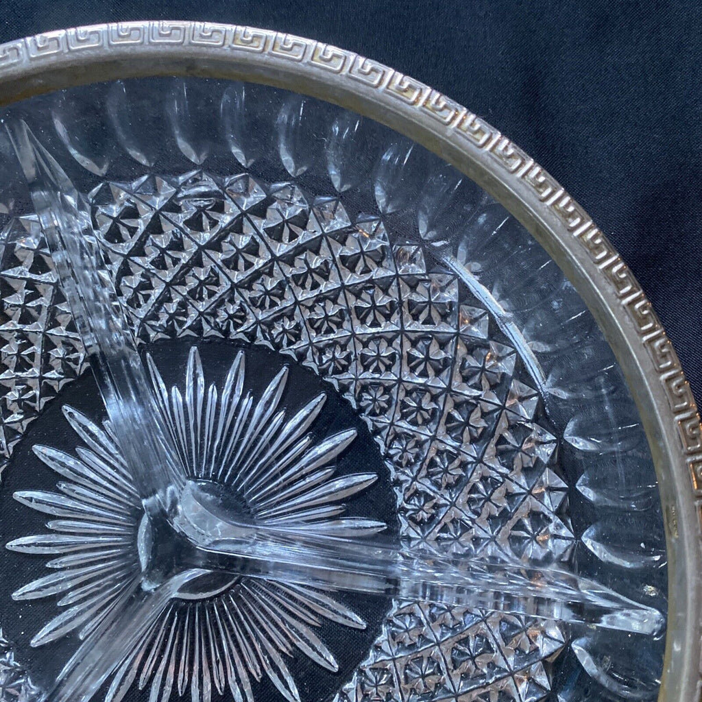 Vintage pressed glass segmented dish with white metal edge, heavy - (9612)