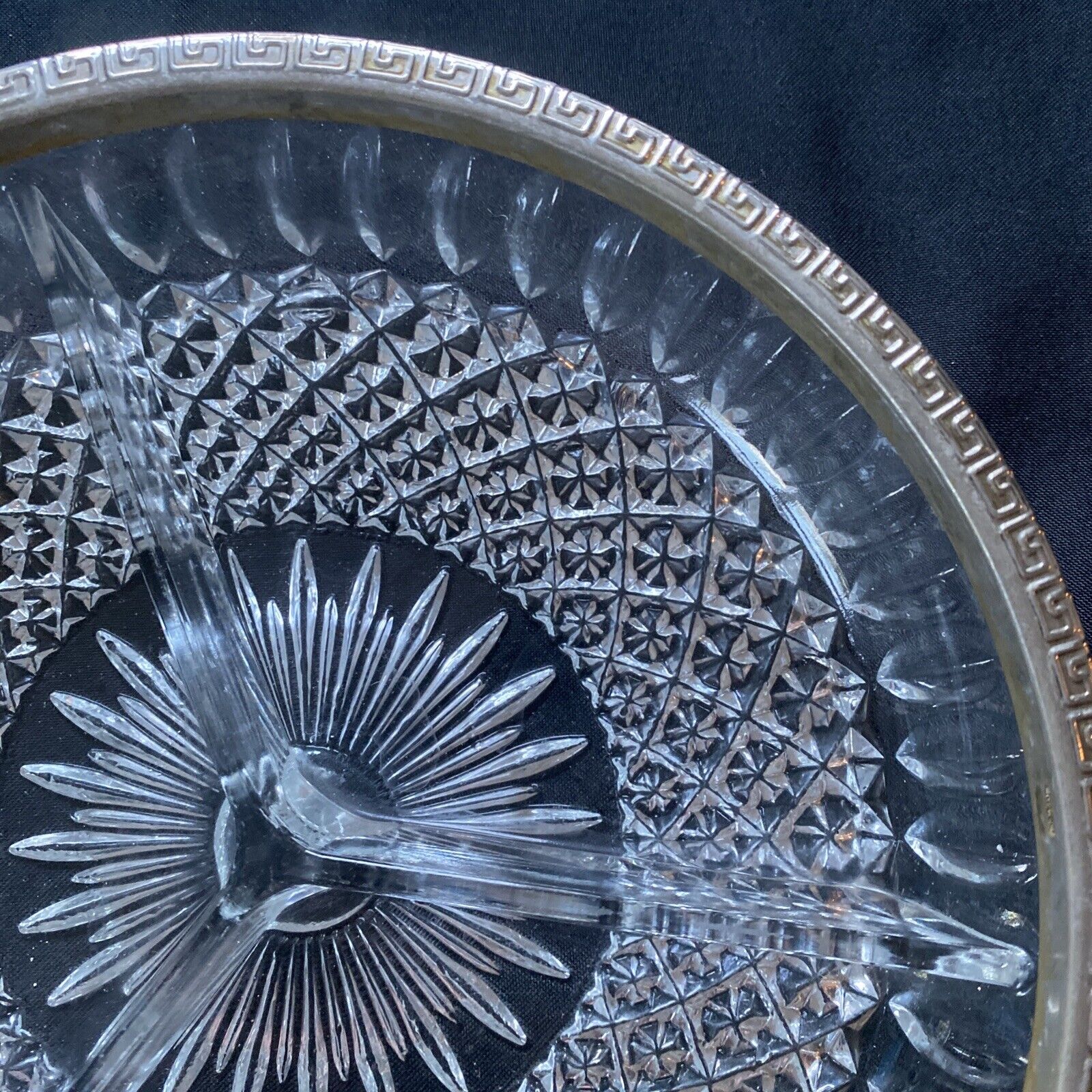 Vintage pressed glass segmented dish with white metal edge, heavy - (9612)