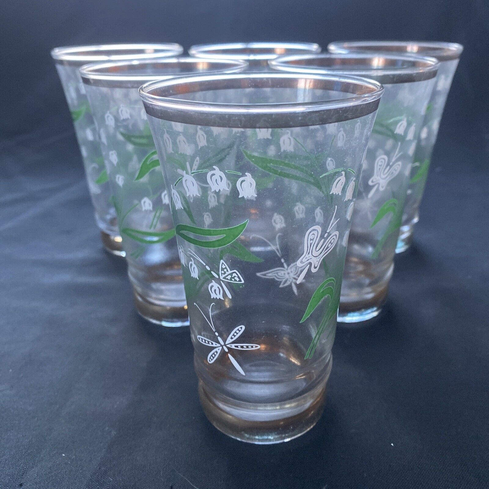 Vintage 1940's glass set with gilt edges and floral print x 6 - (9616)