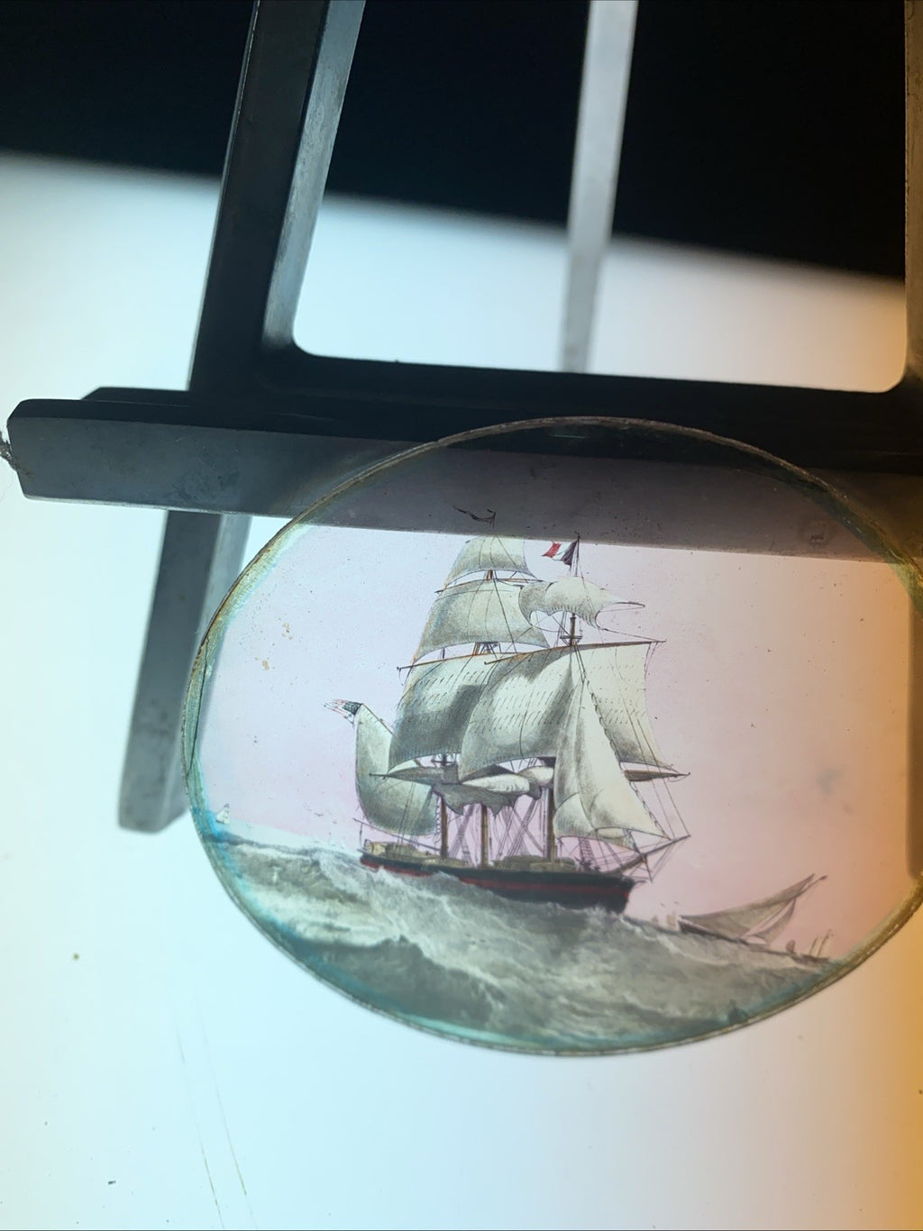 Magic Lantern Victorian Glass Round Handpainted Slide Ships at Sea - (1090)