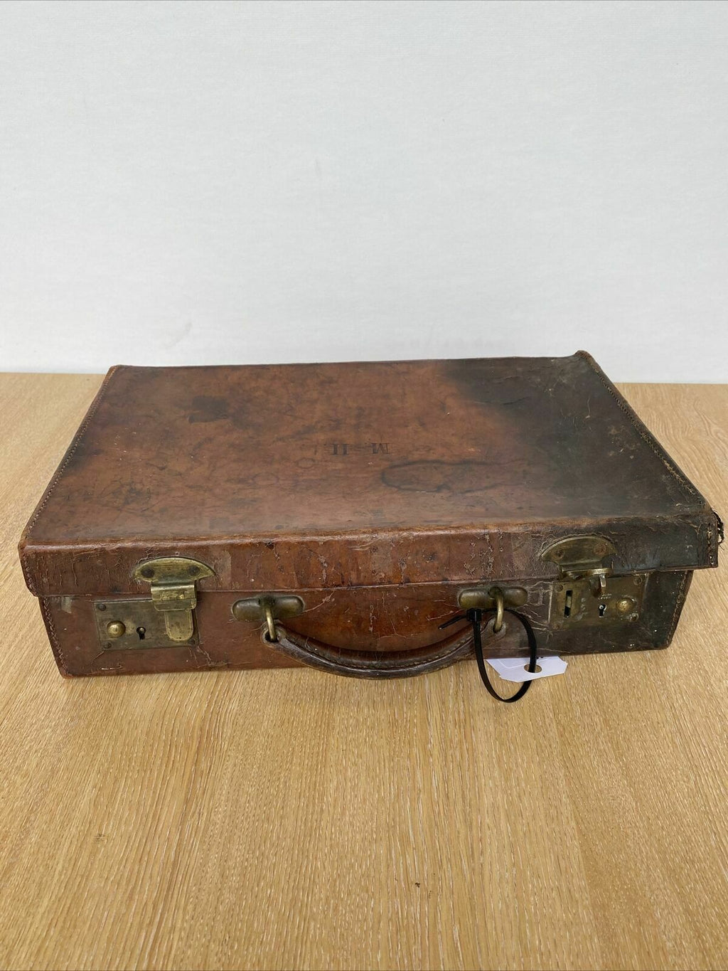 Antique Leather Briefcase- Heavy Leather needs work British made - (8299)