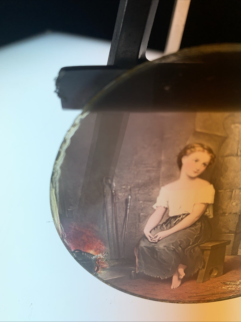 Magic Lantern Victorian Glass Round Handpainted Slide Maid by the fire (1150)