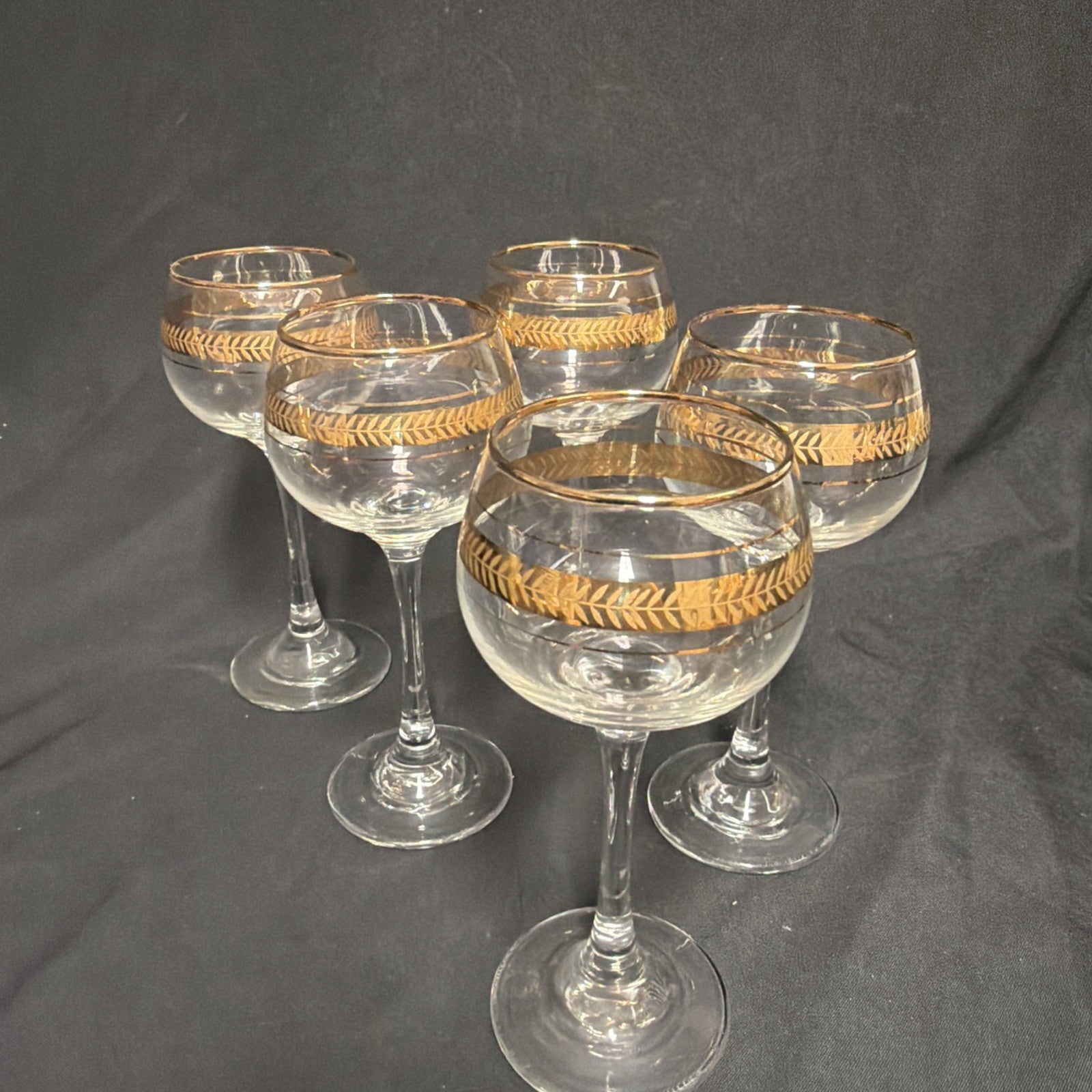 Vintage Hock Wine Goblets Glasses Gold Laurel Pattern Long Stem x 5 - (1842)