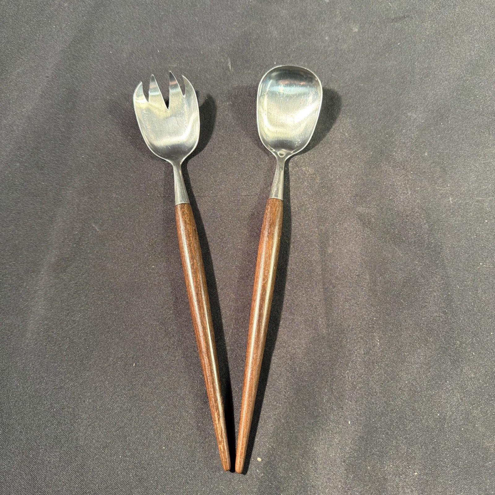Vintage Teak Handled Pair Salad Servers Spoon and Spork - (2055)