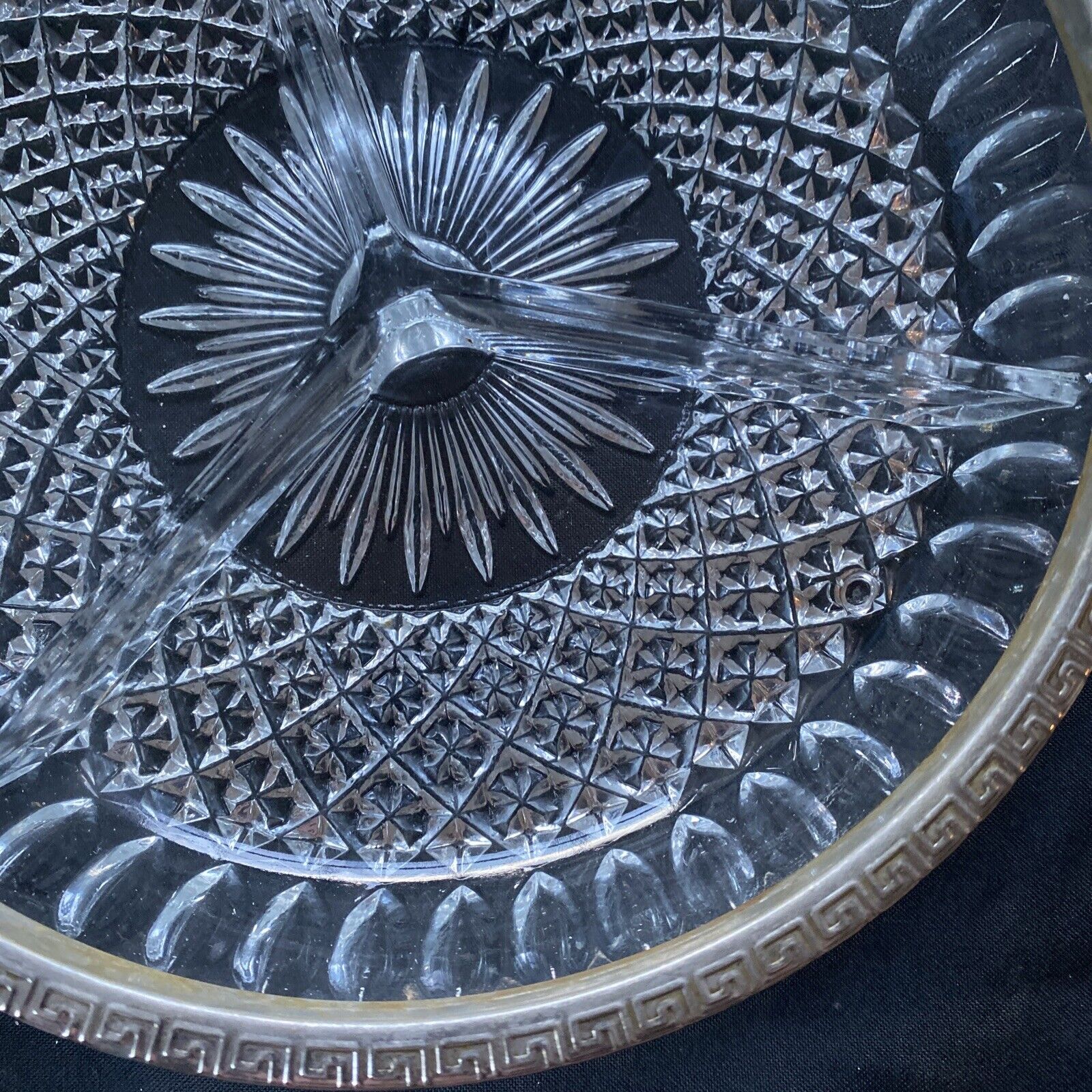 Vintage pressed glass segmented dish with white metal edge, heavy - (9612)