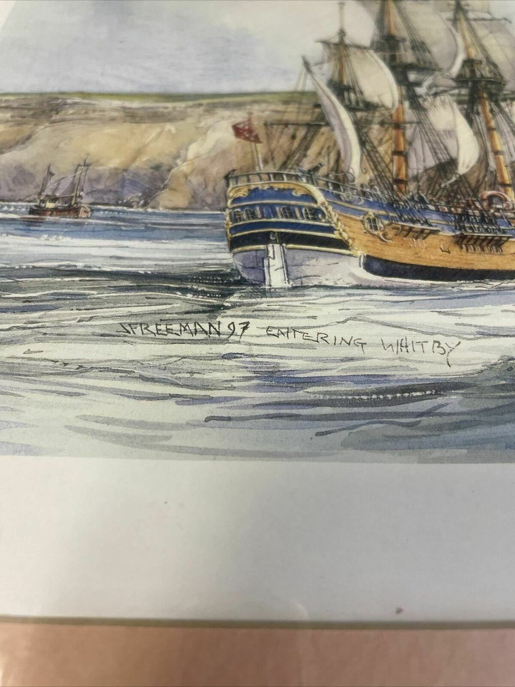 Vintage framed print of H.M Endeavour approaching Whitby 1997 May - (8144)