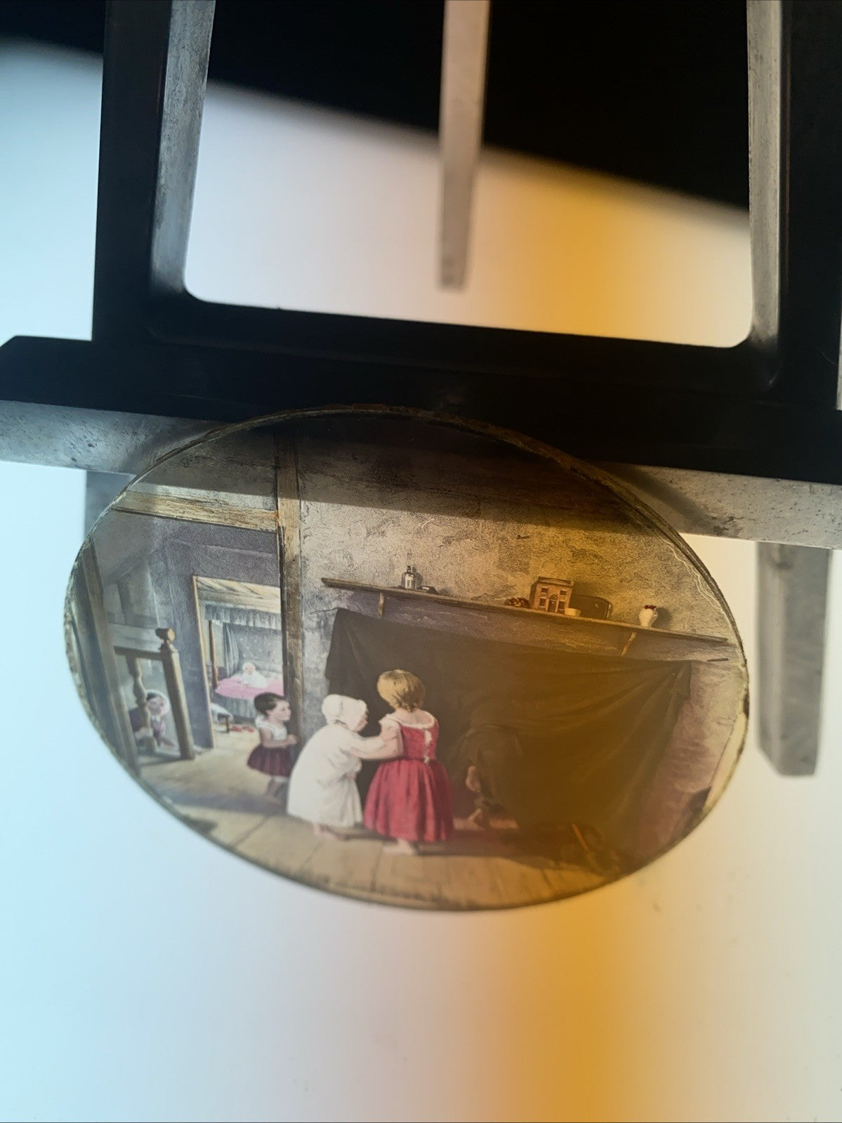 Magic Lantern Victorian Glass Round Handpainted Slide Watching The Sweep (1101)