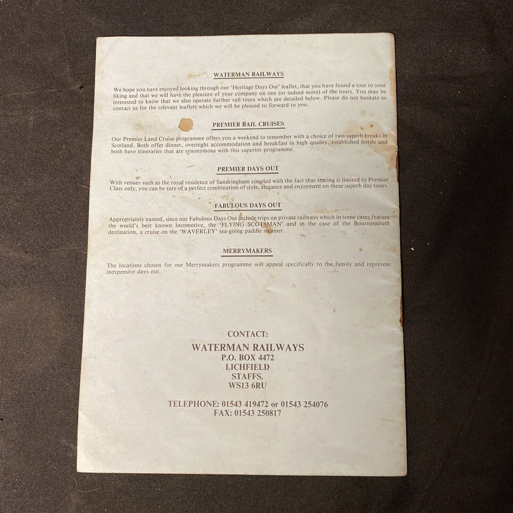Waterman Railways Heritage Days Out Summer 1995 Brochure Flying Scot - (5507)