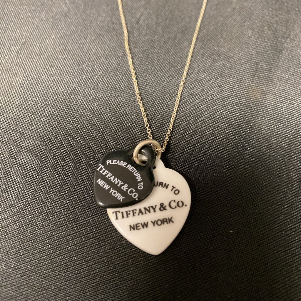 Tiffany & Co. Black White Ireland Bone China Double Heart Necklace (1670)