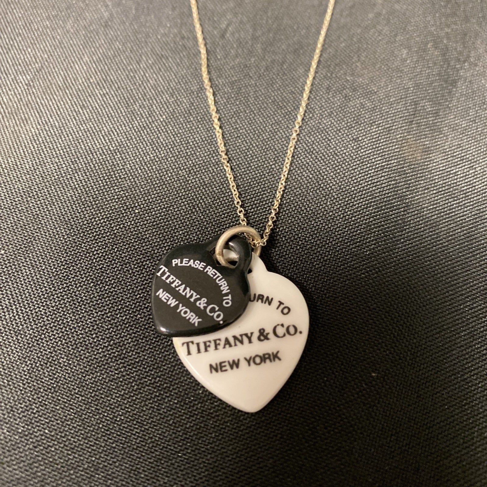 Tiffany & Co. Black White Ireland Bone China Double Heart Necklace (1670)