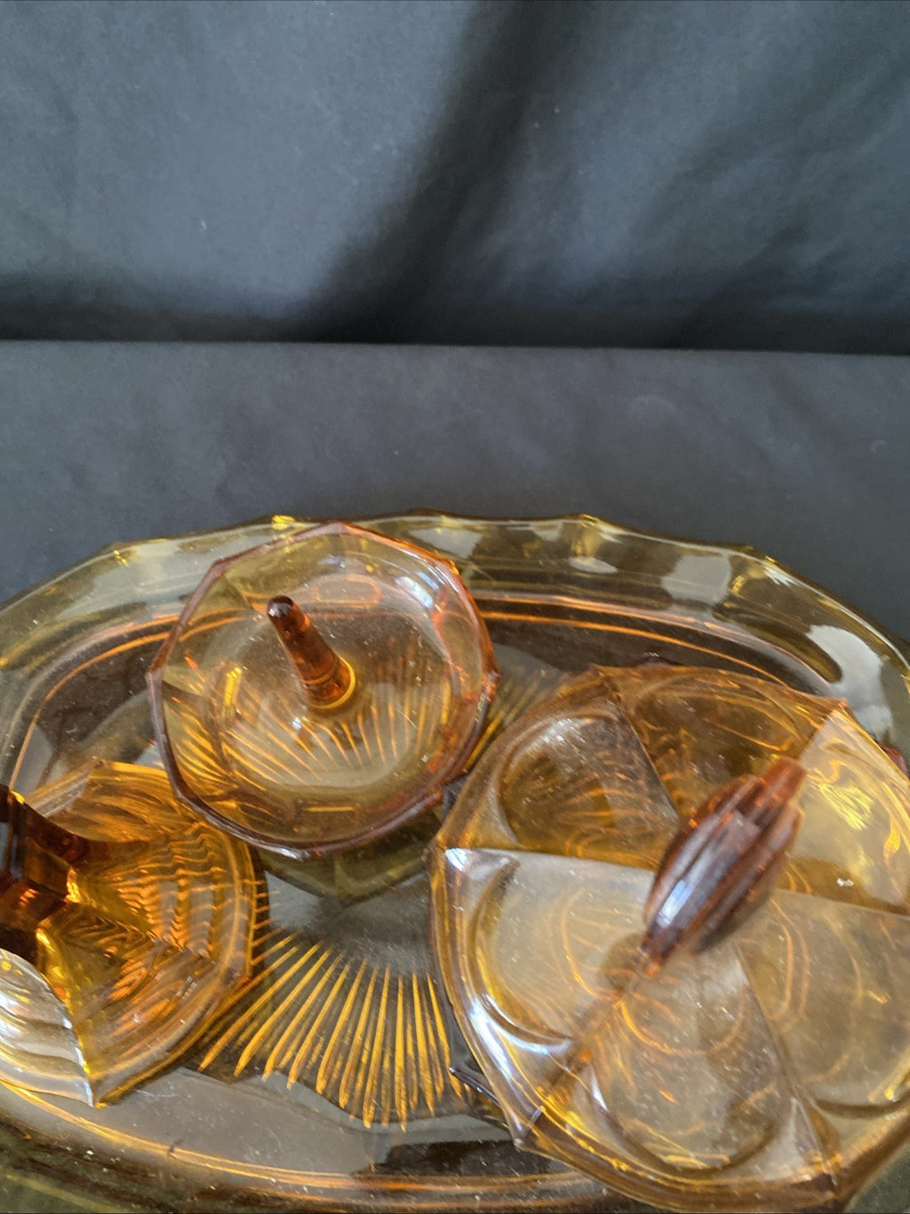 Vintage Pressed Glass Dressing Table Set Amber Tray, Pot, Ring Holder - (5458)