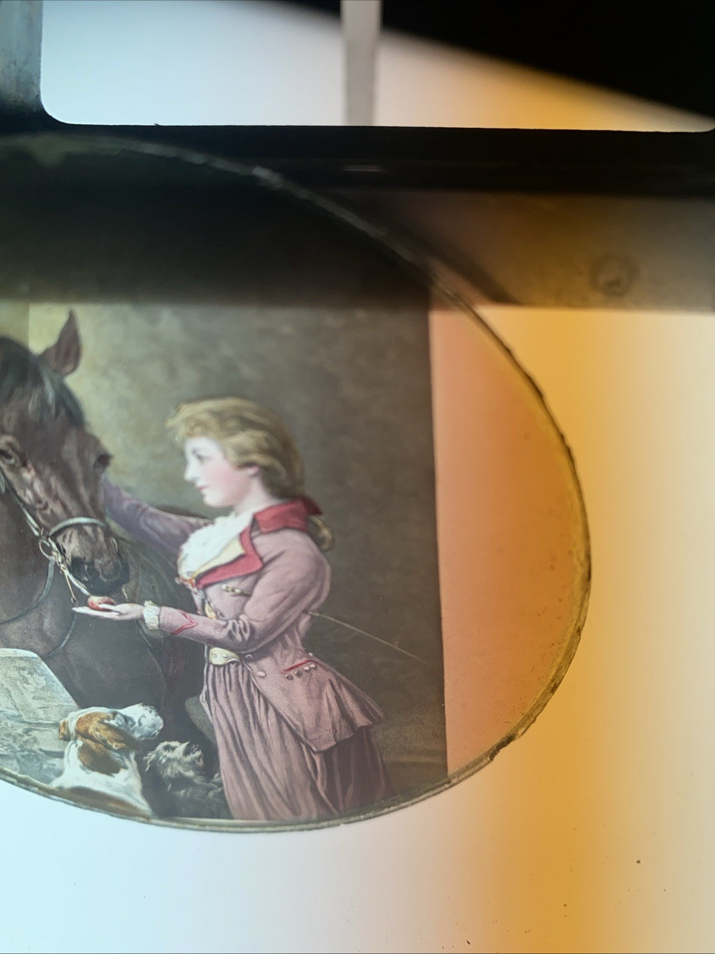 Magic Lantern Victorian Glass Round Handpainted Slide Lady, Horse, Dogs (1152)