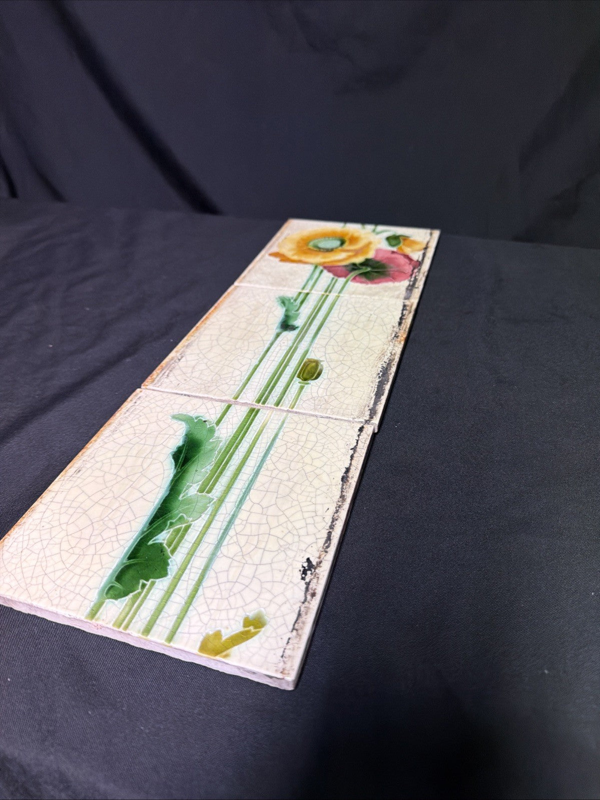 Antique Tiles set of three crackle glaze floral RD No 533060 1909? - (1893)
