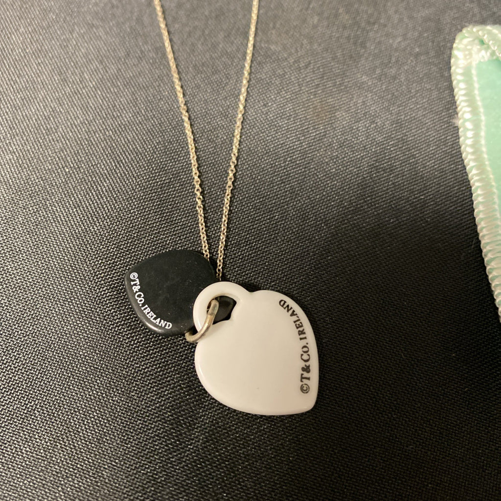 Tiffany & Co. Black White Ireland Bone China Double Heart Necklace (1670)