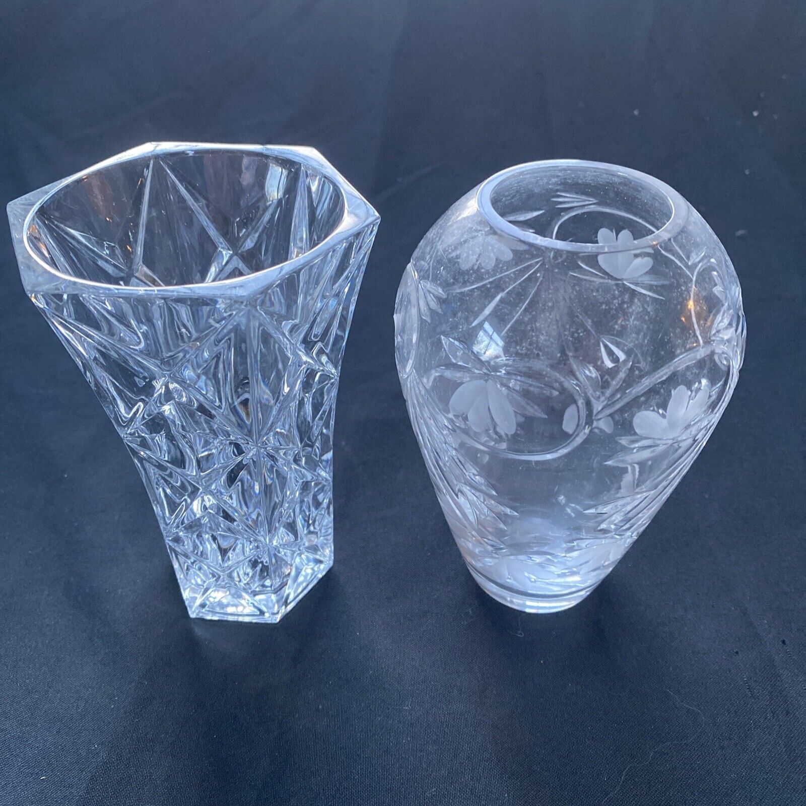 Vintage Crystal Cut and etched small Vases x 2  130mm tall - (9621)