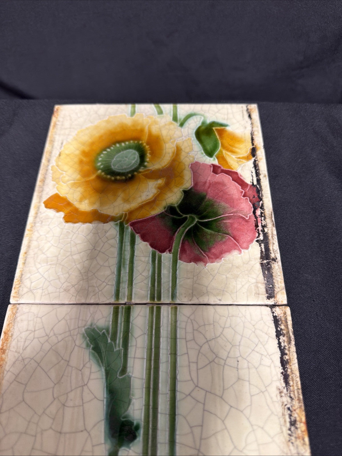 Antique Tiles set of three crackle glaze floral RD No 533060 1909? - (1893)