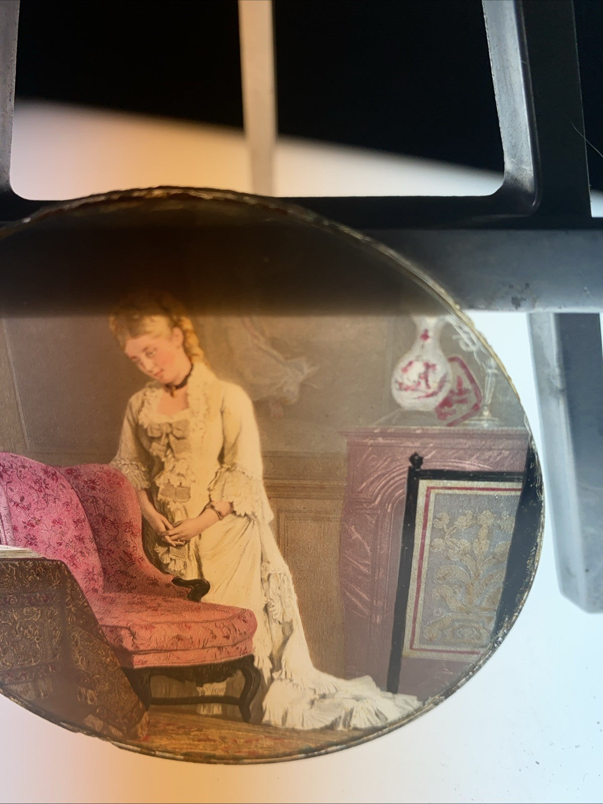 Magic Lantern Victorian Glass Round Handpainted Slide Lady in parlour (1146)