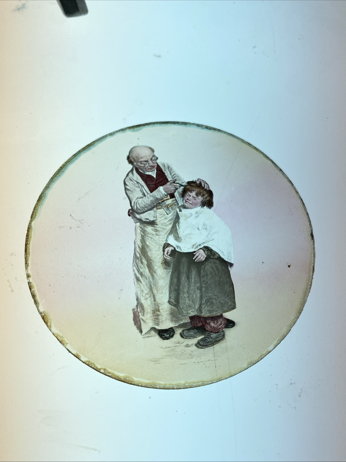 Magic Lantern Victorian Glass Round Handpainted Slide Childs Haircut Time (1136)
