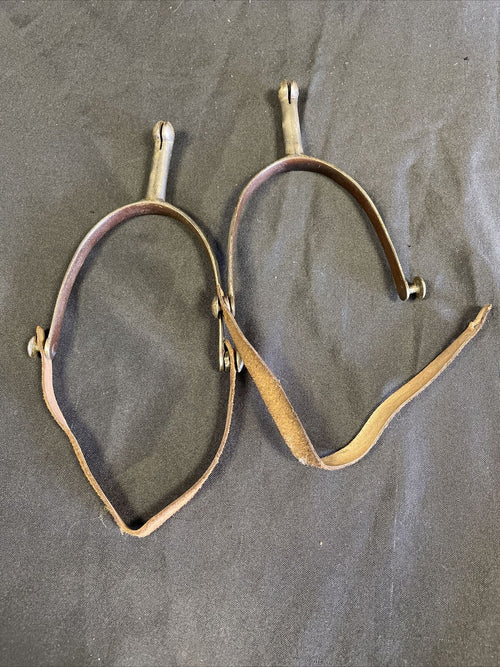 Antique Nickel Military Hunting Spurs sharp with leather straps WW1? - (8275)