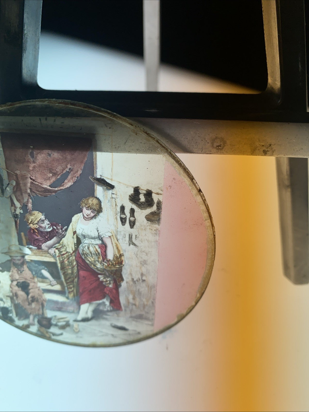 Magic Lantern Victorian Glass Round Handpainted Slide The Cobbler (1158)