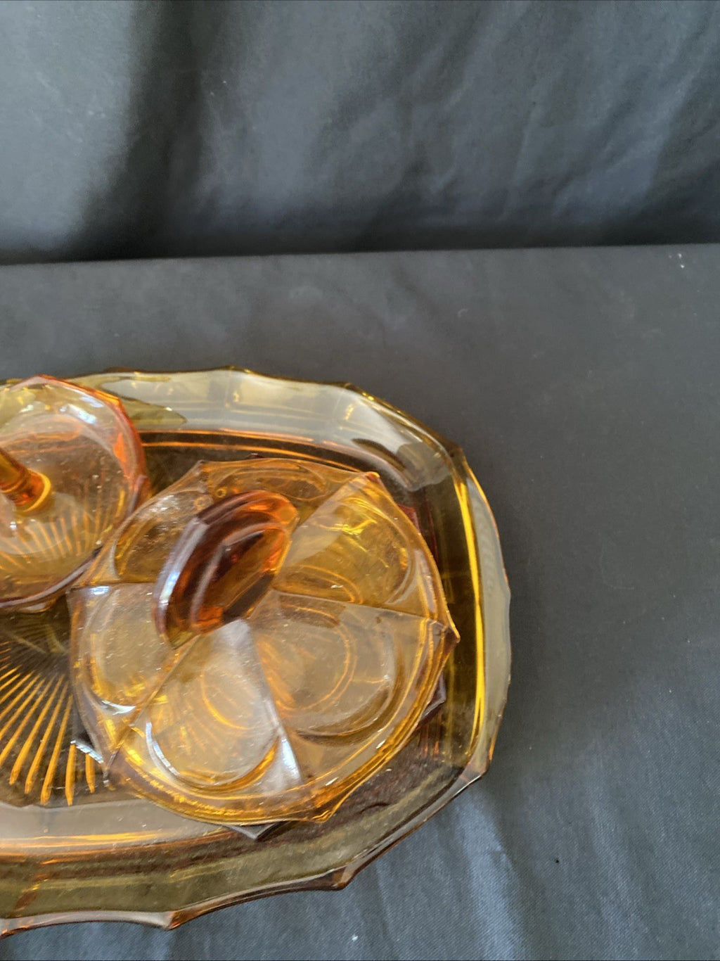 Vintage Pressed Glass Dressing Table Set Amber Tray, Pot, Ring Holder - (5458)