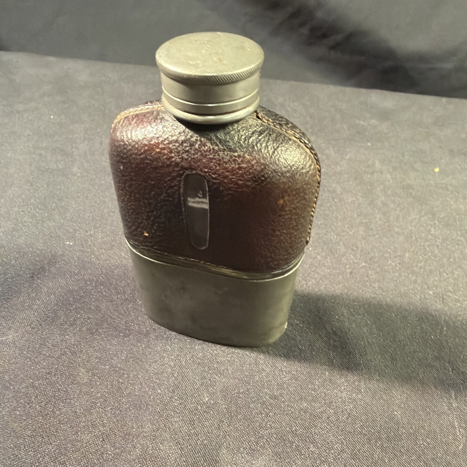 Antique WWI Hip Flask & Cup Pewter, Leather and Glass Ex Cond - (1994)