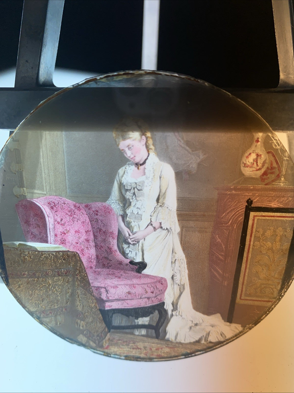 Magic Lantern Victorian Glass Round Handpainted Slide Lady in parlour (1146)