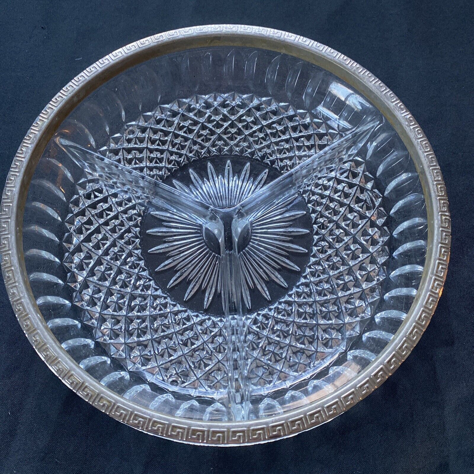 Vintage pressed glass segmented dish with white metal edge, heavy - (9612)
