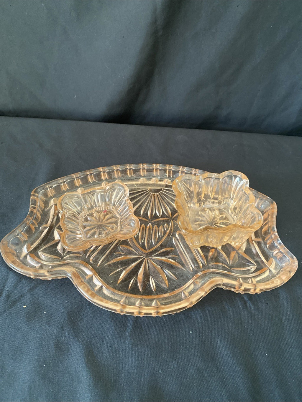 Vintage Pressed Glass Dressing Table Set Pink Tray, Pot, Trinket bowl - (5459)