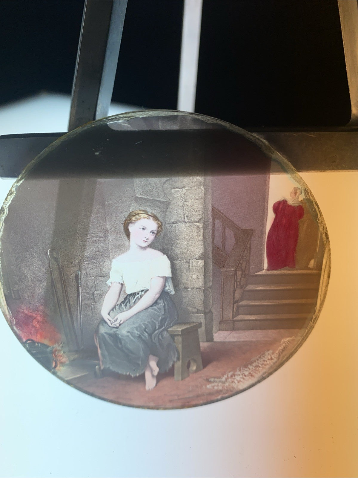 Magic Lantern Victorian Glass Round Handpainted Slide Maid by the fire (1150)