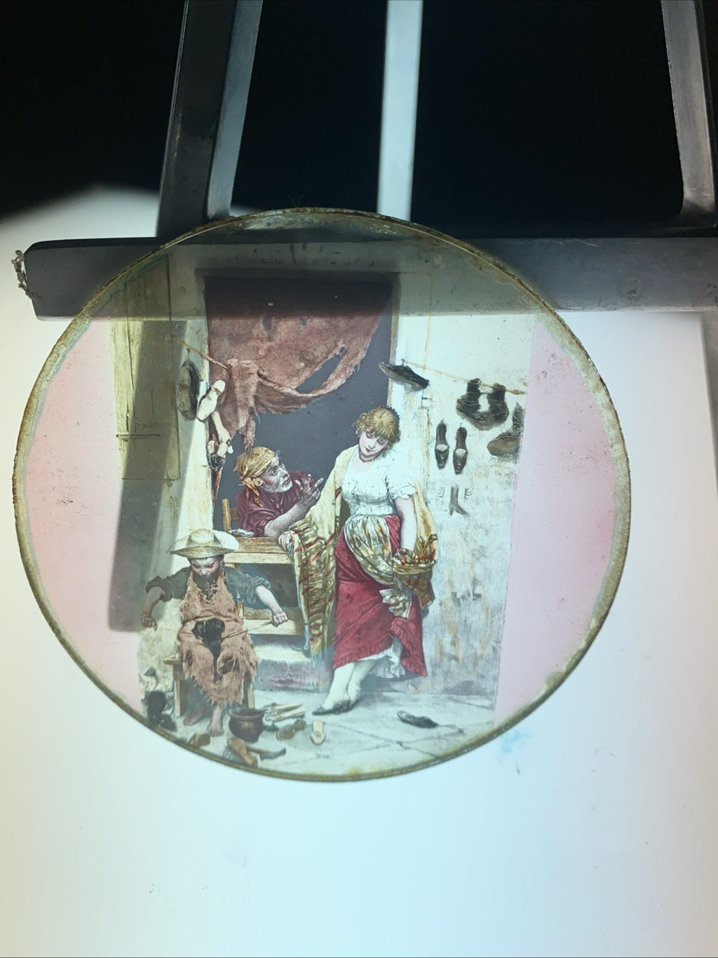 Magic Lantern Victorian Glass Round Handpainted Slide The Cobbler (1158)