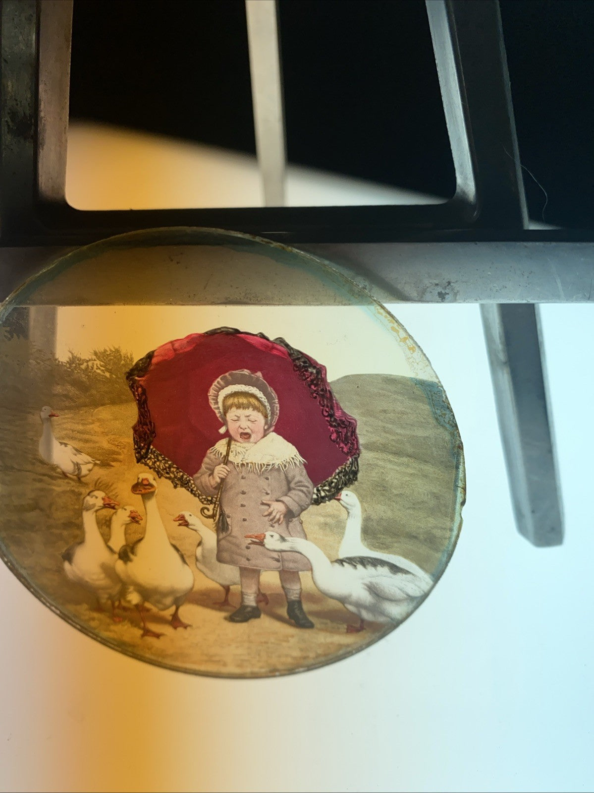 Magic Lantern Victorian Glass Round Handpainted Slide Child & Geese (1155)