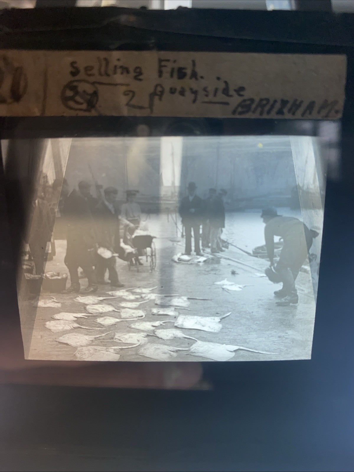 Magic Lantern Victorian Glass Square Antique Photo Brixham Fishing Devon (1076)