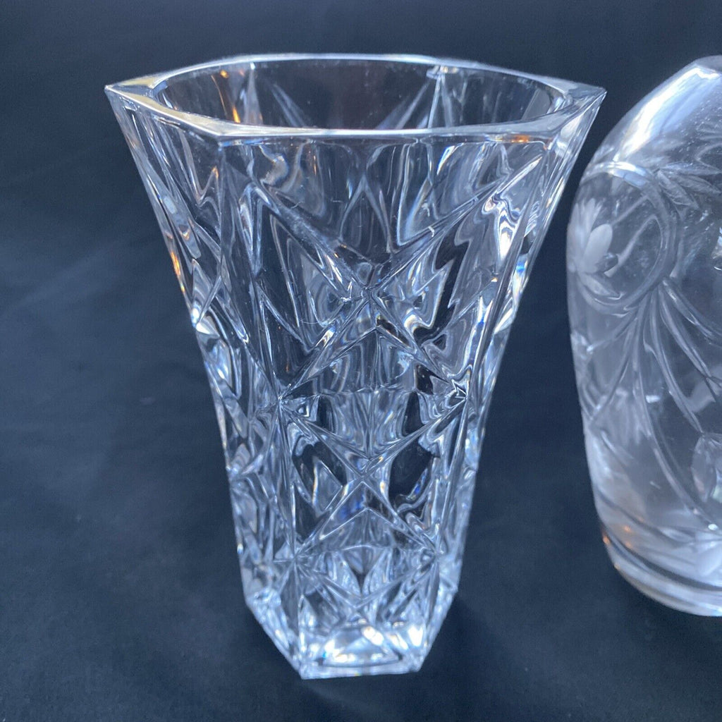 Vintage Crystal Cut and etched small Vases x 2  130mm tall - (9621)