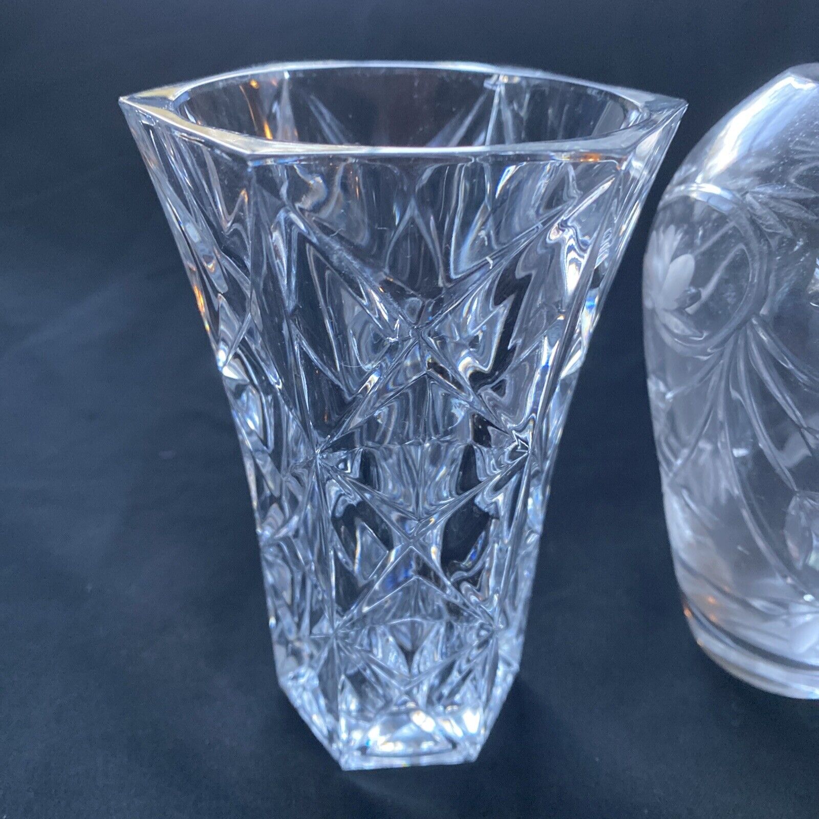 Vintage Crystal Cut and etched small Vases x 2  130mm tall - (9621)