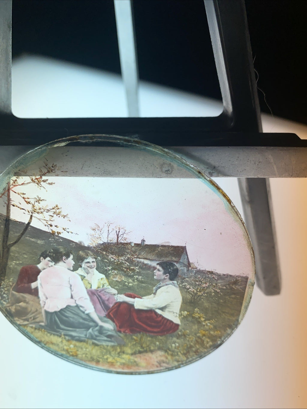 Magic Lantern Victorian Glass Round Handpainted Slide Girls chatting (1059)