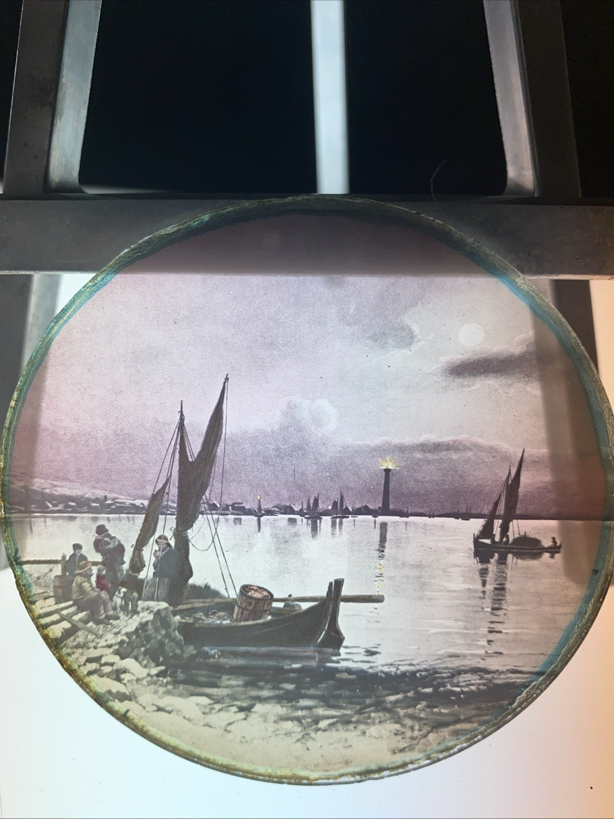 Magic Lantern Victorian Glass Round Handpainted Slide Fishing Boats - (1084)