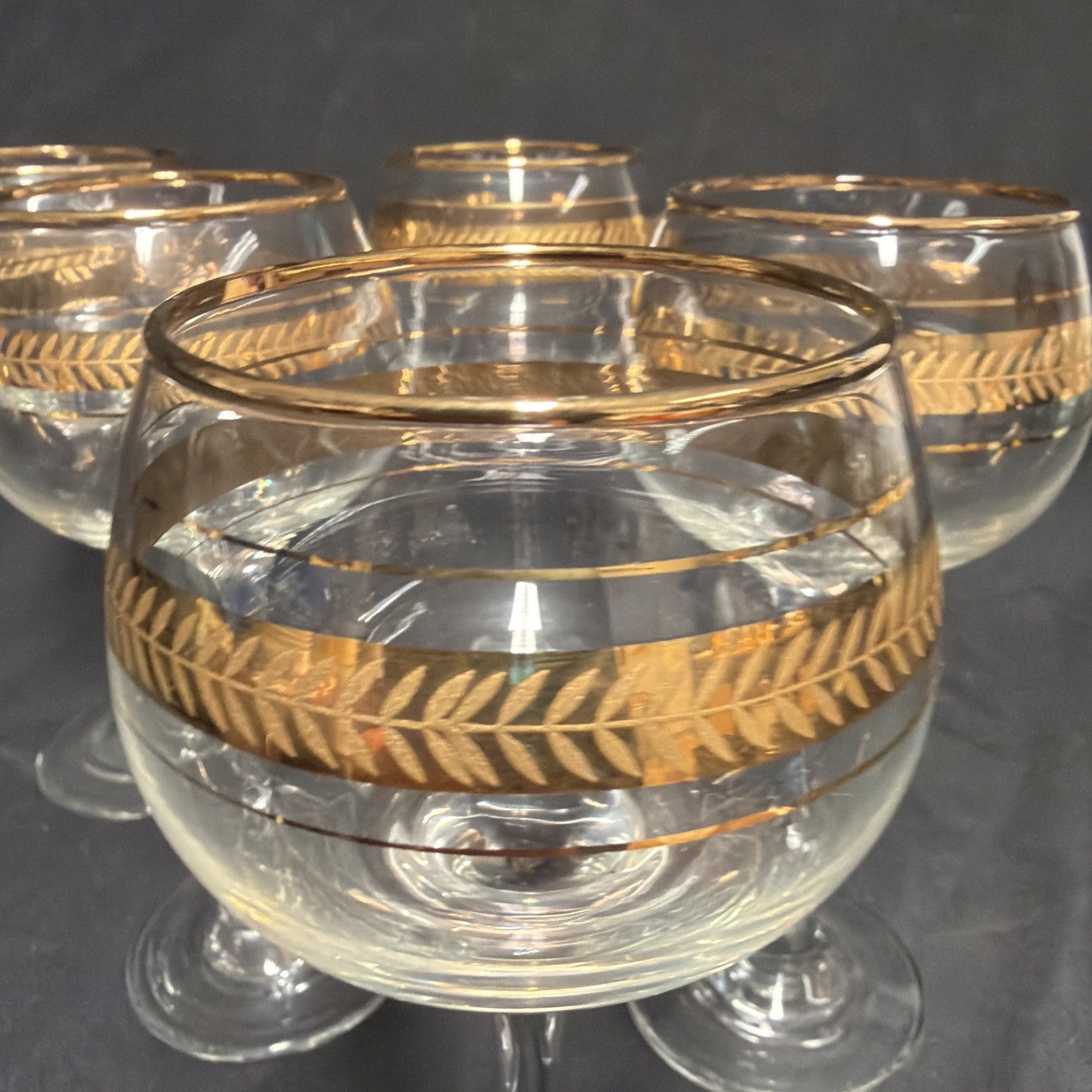 Vintage Hock Wine Goblets Glasses Gold Laurel Pattern Long Stem x 5 - (1842)