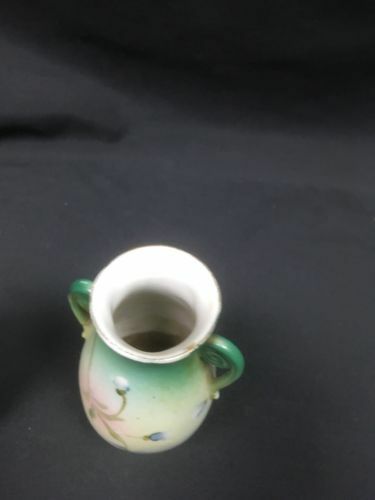 Japan bud vases pair vintage hand painted 11cm high green floral - (6686