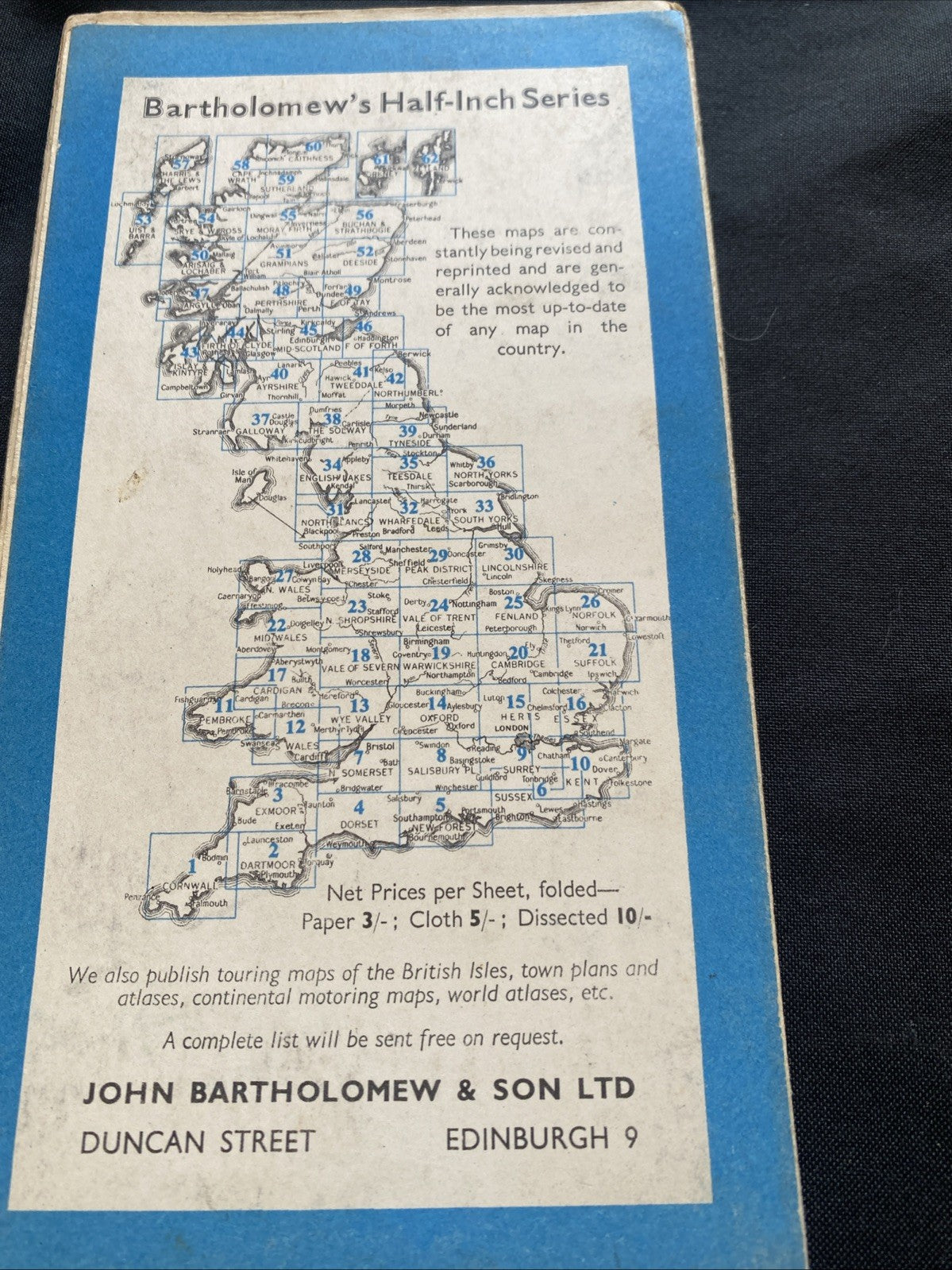 South Wales Bartholomew Revised Half Inch contoured Paper Map #12 (1274)