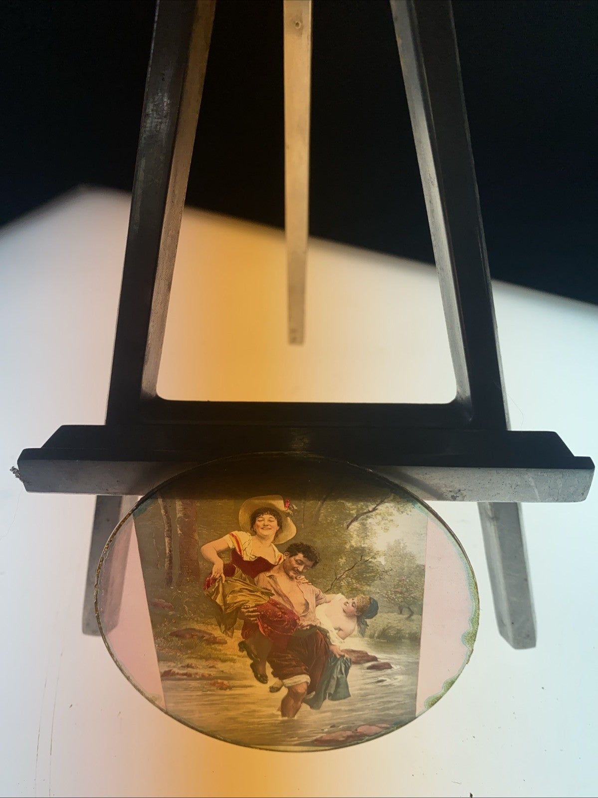 Magic Lantern Victorian Glass Round Handpainted Slide Carry over a river (1173)