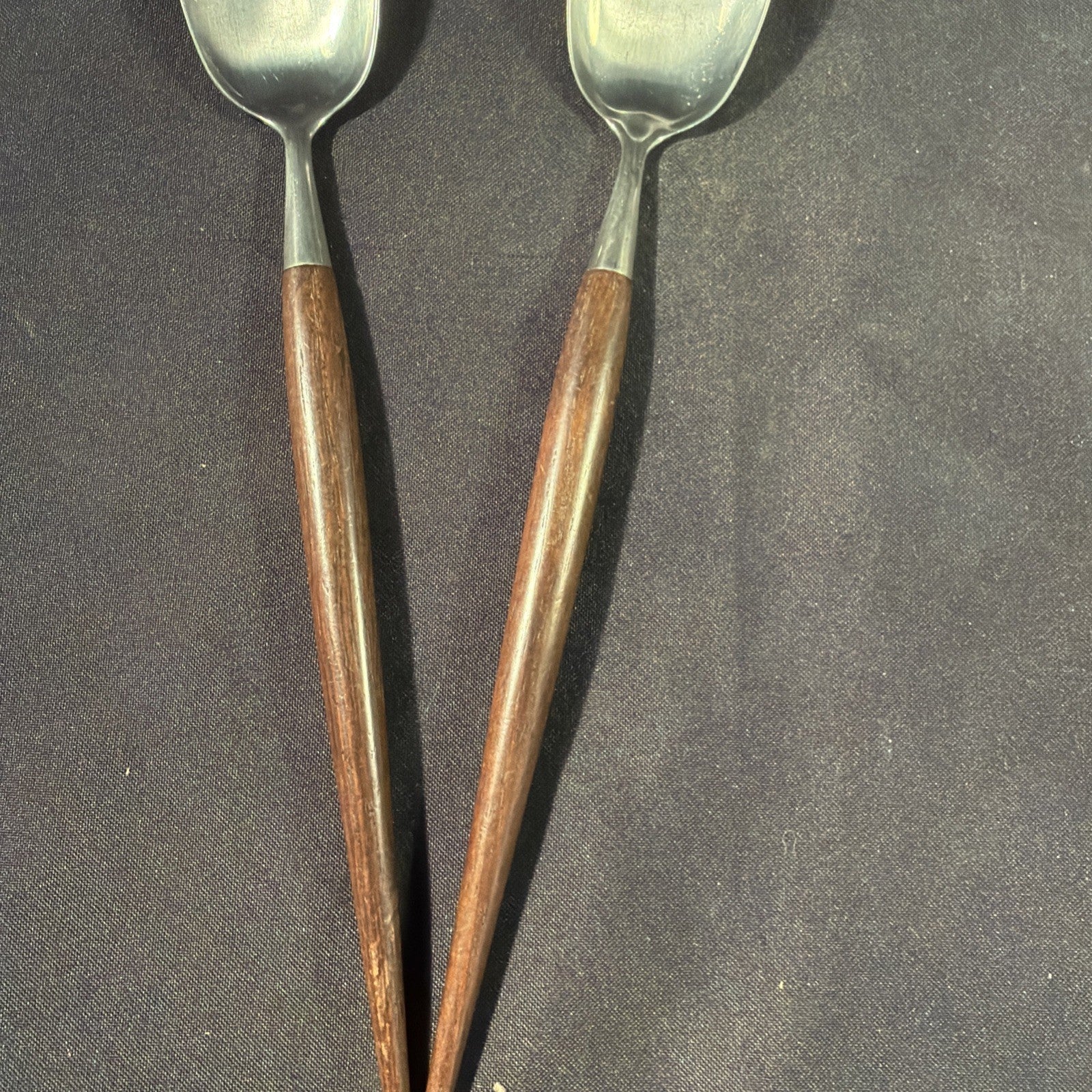 Vintage Teak Handled Pair Salad Servers Spoon and Spork - (2055)