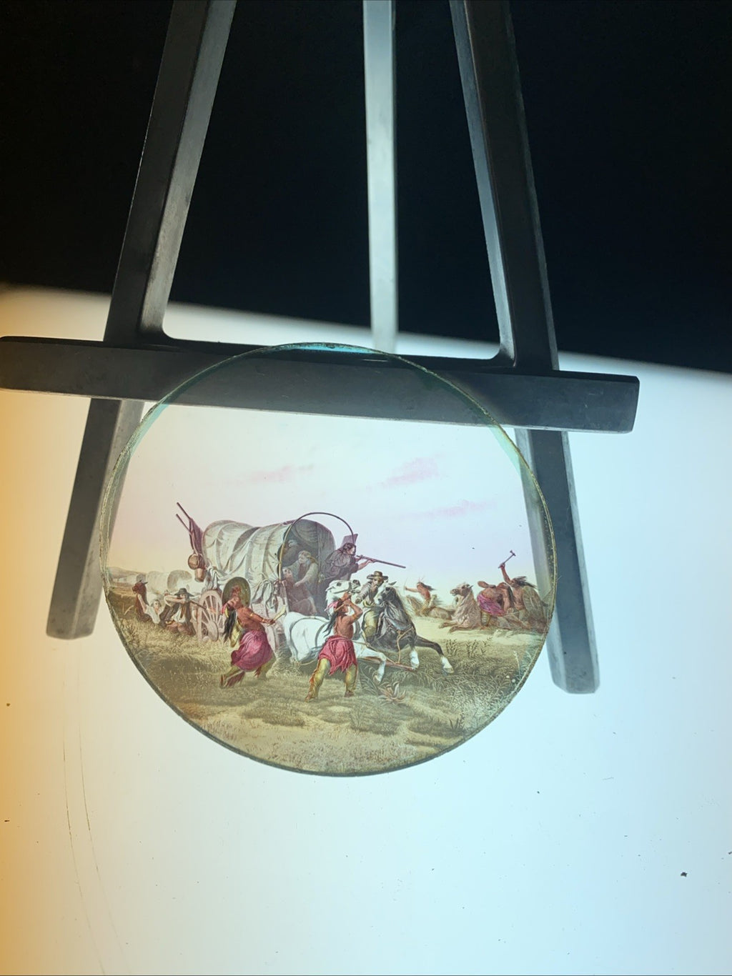 Magic Lantern Victorian Glass Round Handpainted Slide Cowboys and Indians (1092)