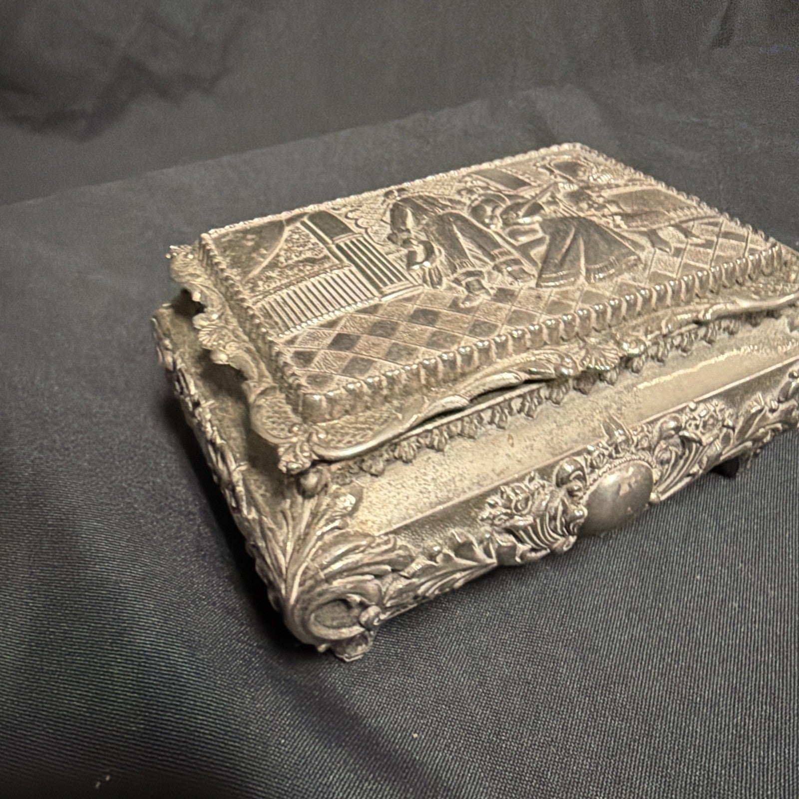 Vintage White Metal Ornate Trinket Box Large made in Japan Medieval scene - (1956)
