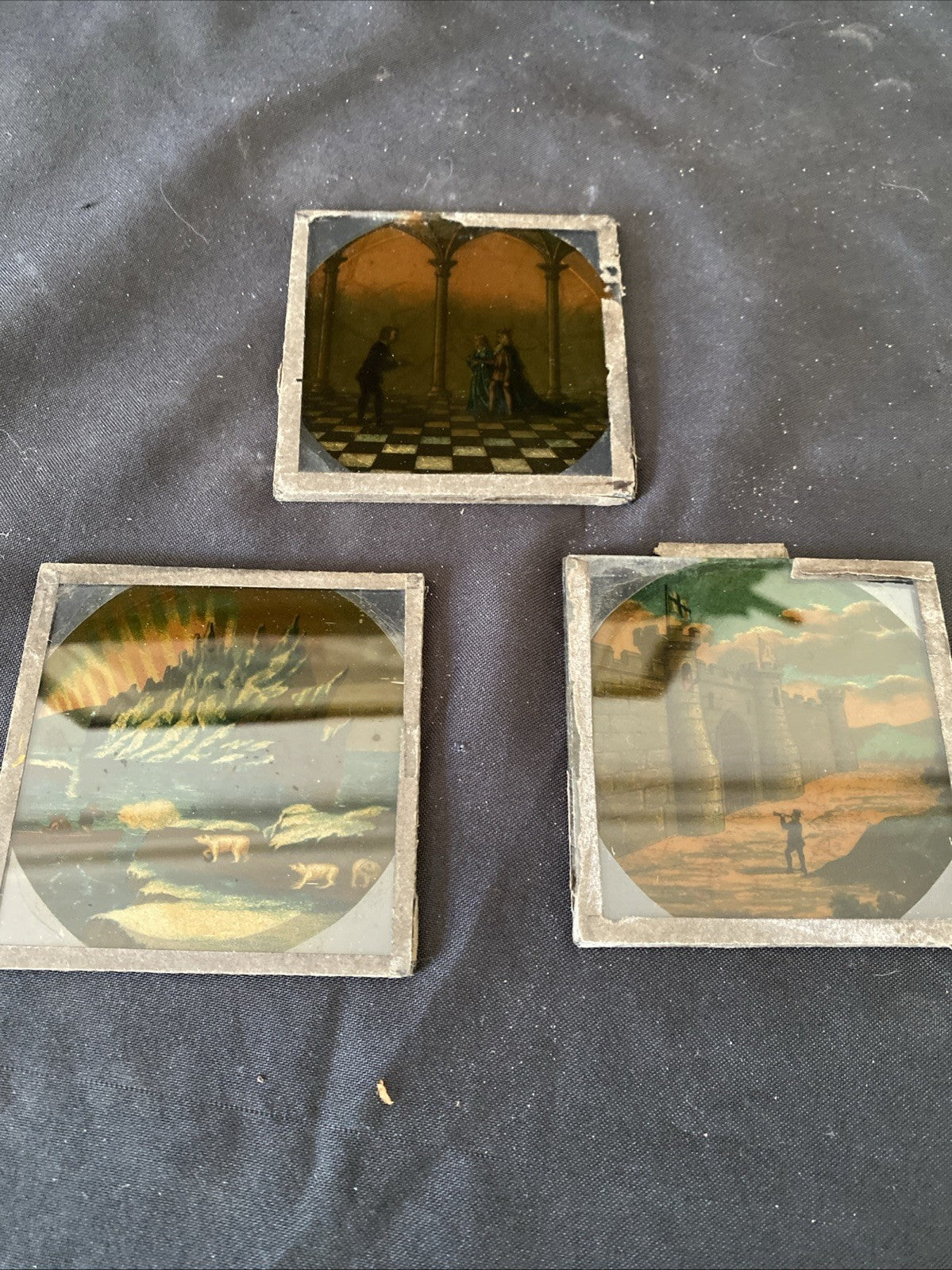 Magic Lantern Victorian Glass Square Handpainted x 3 Scotland Castle Etc (1080)