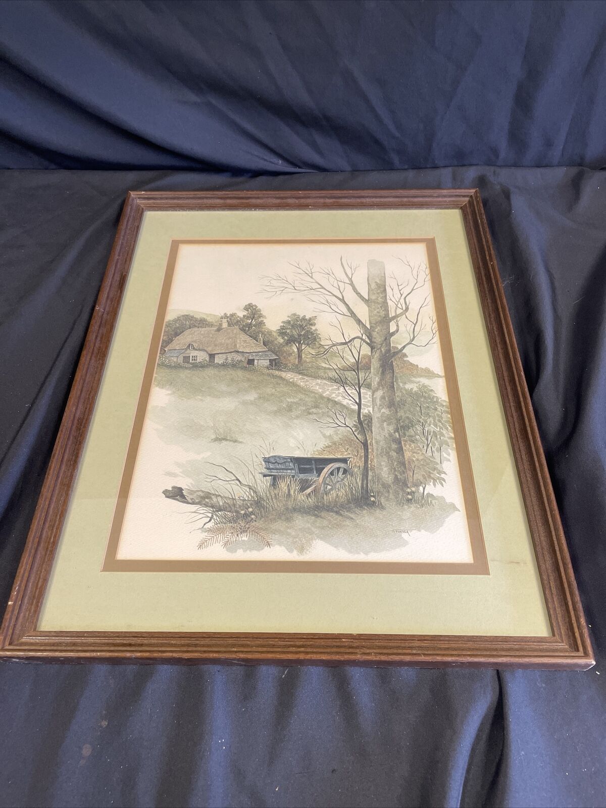Vintage double matted watercolour print large by F Massa Hay Cart - (8142)