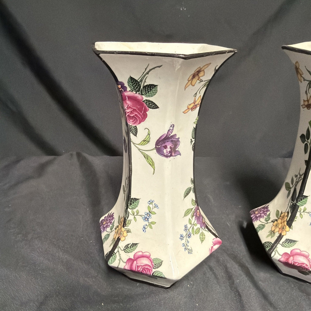 Delton Ware Burslem Rose Trellis 1904 - 1910 Pair of Vases - (1877)