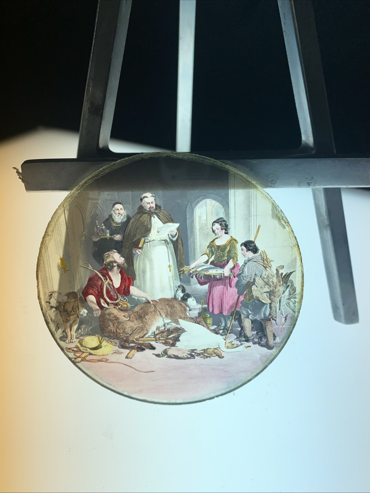 Magic Lantern Victorian Glass Round Handpainted Slide After the hunt (1121)
